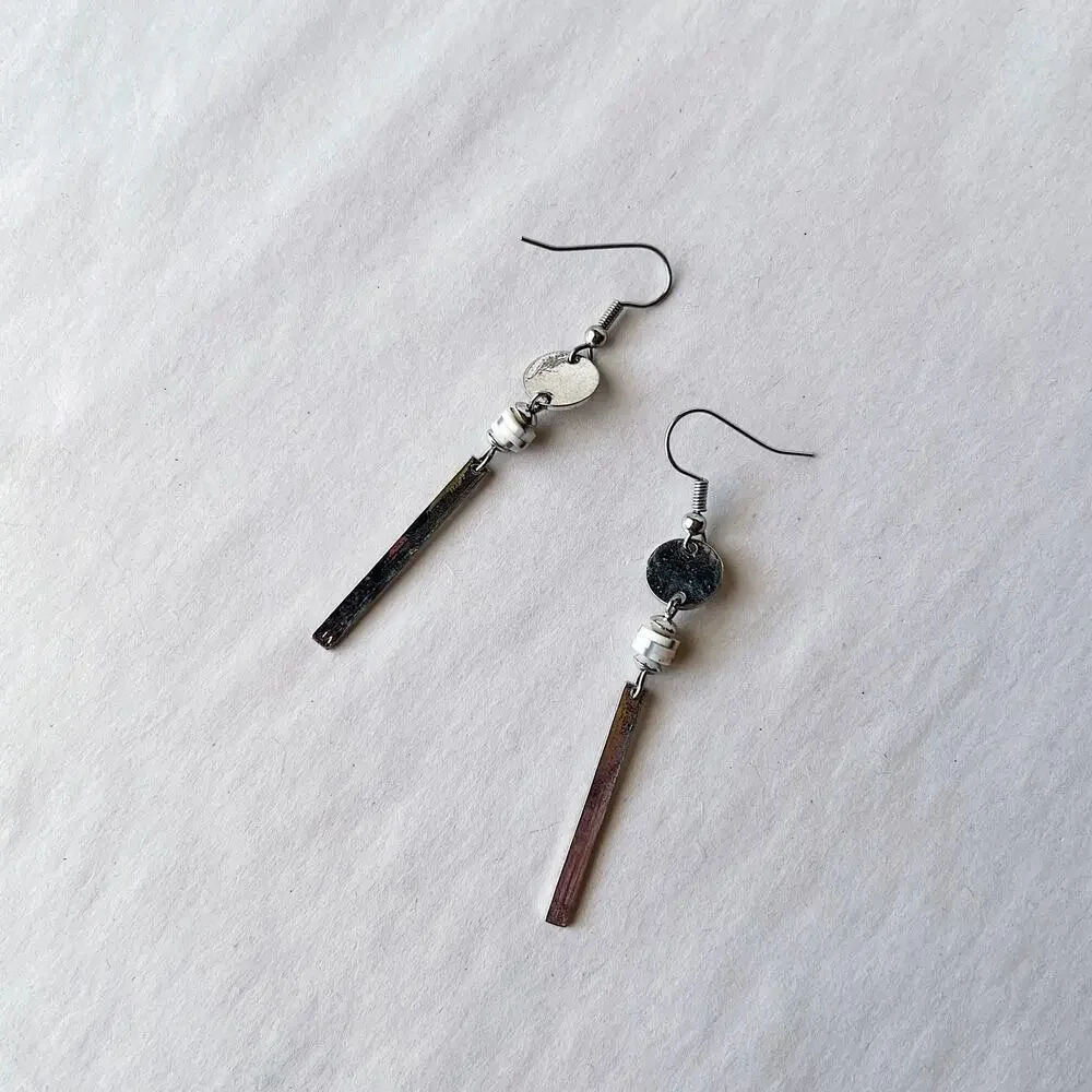 Silver and White Dangly Earrings Handmade Jewelry E1